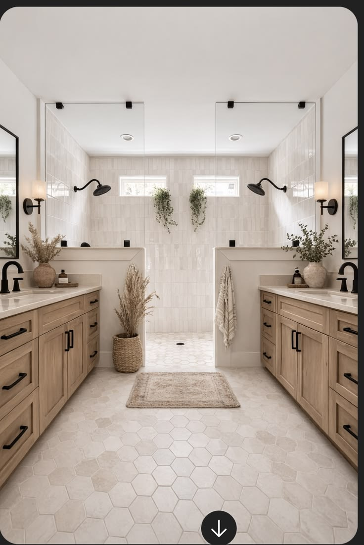 Double vanity master bath with hexagon tile floor and walk-through shower
