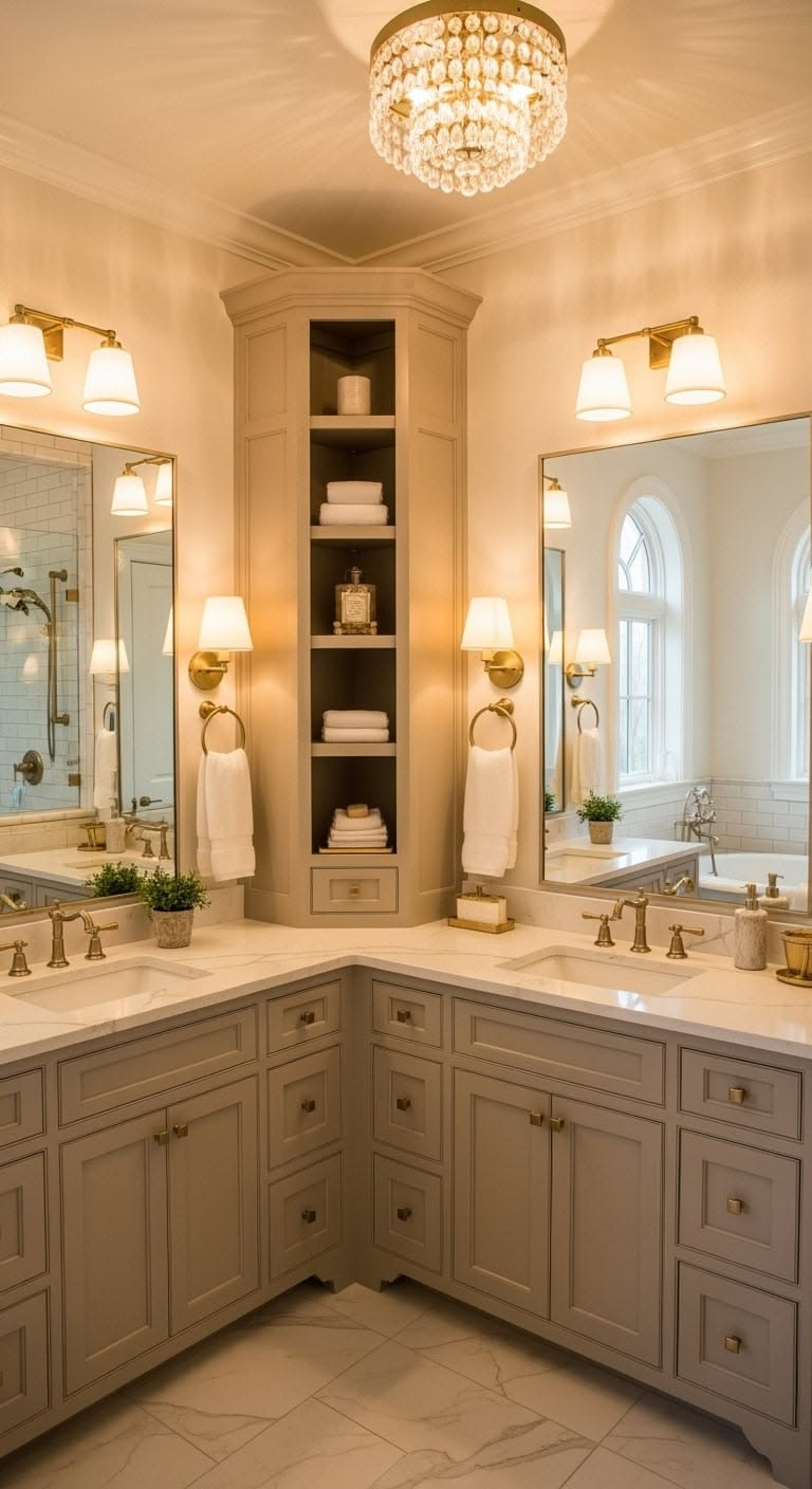Grand master bath with chandelier and corner vanity