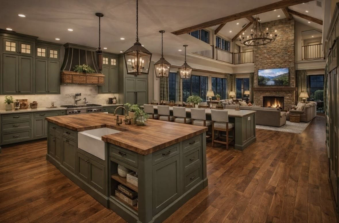 Open concept kitchen with green cabinetry and stone fireplace