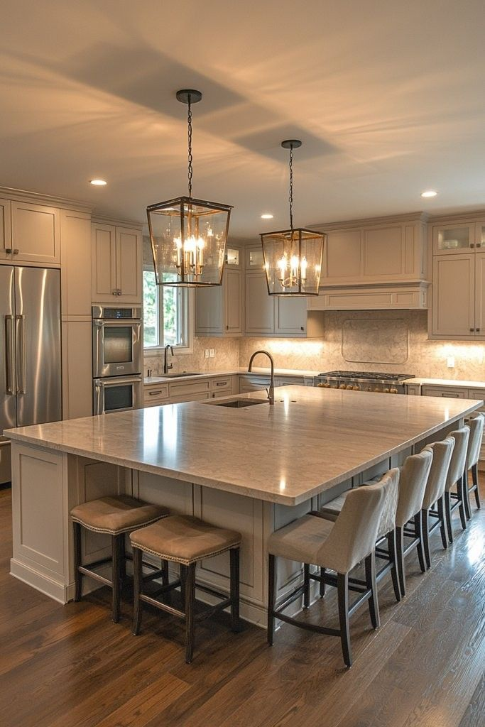Neutral kitchen with oversized island and lantern pendants